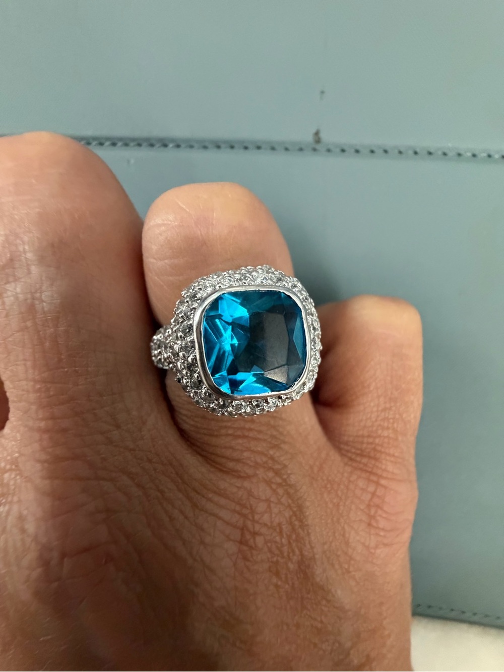 Beautiful Sterling Silver Blue Topaz Cushion Halo Ring Size 6